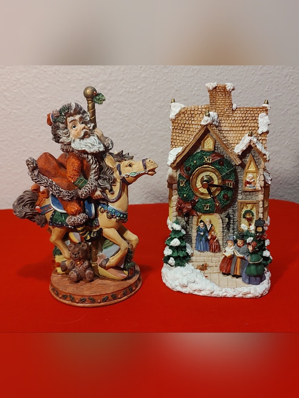 Holiday Carousel Santa Figurine and Snowy Clock House Christmas Decor